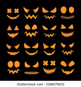 Vektorgrafik-Kollektion zwischen orangefarbenen Kürbisgesichtern einzeln auf schwarzem Hintergrund. Halloween-Dekoration. Vektorgrafik