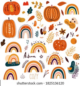 Vector collection of Halloween Pumpkins and Autumn Rainbows. Design for holidays Halloween and Thanksgiving Day