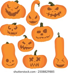 Vector collection of halloween pumpkins with different facial emotions in cartoon style. Vector spooky pumpkins in flat style isolated on white background.