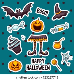 Vector collection of Halloween stickers in cartoon style. Part of big set. Halloween elements for scrap-booking. Hand drawn cute vector illustration. Trick or treat.