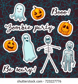 Vector collection of Halloween stickers in cartoon style. Part of big set. Halloween elements for scrap-booking. Hand drawn cute vector illustration. Trick or treat.