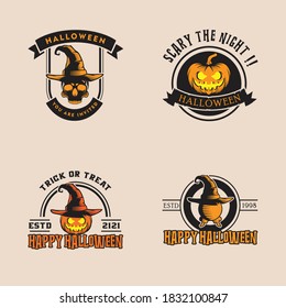 vector collection of halloween stickers. magic hat, pumpkin, hands, skull, sphere.