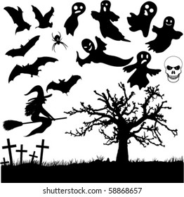 Vector collection of  Halloween symbols : bats, skull, witch, ghosts,cemetery