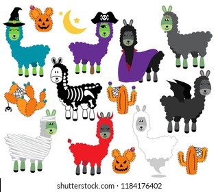 Vector Collection of Halloween Themed Llamas