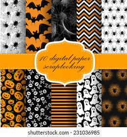Vector Collection of Halloween Themed Pattern Backgrounds. Halloween Digital Paper For Scrapbook.