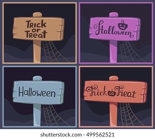 Vector collection of halloween wooden boards with text with  pumpkin, web, fog on dark background. Flat style design for halloween greeting card, invitation, poster, web, site, banner