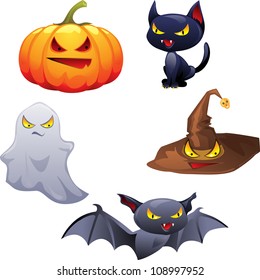 Vector collection of Halloween-related objects and creatures.