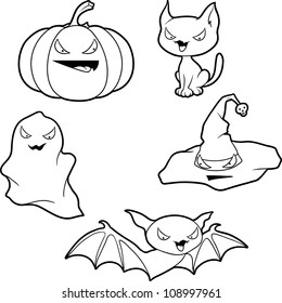 Vector collection of Halloween-related objects and creatures.