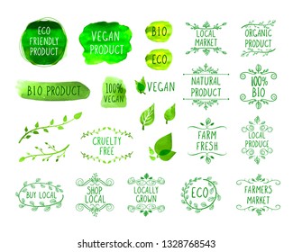 Vector Collection of Han Drawn Design Elements, Eco Natural Product, Farmers Market, Green Watercolor Drawings Isolated on White Background.