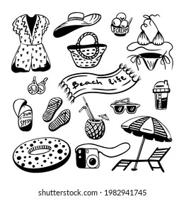 Vector collection of hand dawn doodle clipart. Summer clip art set of beach related objects. Romper, bikini swimsuit, tote bag, sunscreen, sunglasses, pineapple cocktail, towel, deck chair, camera.