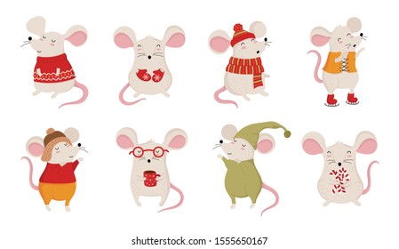 Vector collection of hand drawing cute winter rats in cozy clothes. Creative banner with funny mouse for New 2020 Year. Symbol the Chinese calendar. Doodle illustration. Winter holidays, baby shower