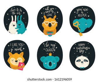 Vector collection of hand drawing cute animals and lovely slogans. Set of doodle illustrations. Valentine's day, anniversary, baby shower, birthday, children's party