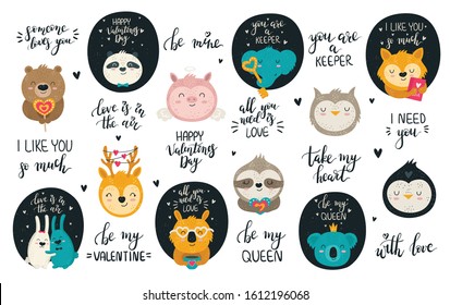 Vector collection of hand drawing cute animals and lovely slogans. Set of doodle illustrations. Valentine's day, anniversary, baby shower, birthday, children's party