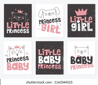 Vector collection of hand drawing posters with animal and slogan about Princess. Doodle illustration. Valentine's, kids banner, baby shower, birthday, children's party, shirt print