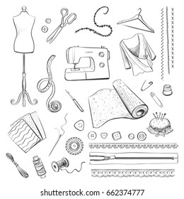 Vector collection hand drawing sewing, materials and tools. Isolated drawings on white background. 