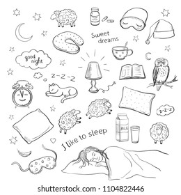 Vector collection of hand drawing sleep and insomnia. Isolated sketch on white background