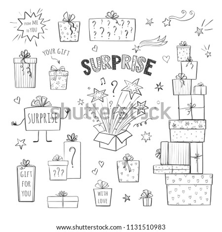 Vector collection of hand drawing surprises. Isolated gift boxes on a white background