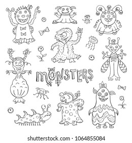 Vector collection of hand drawings of funny monsters. Sketches in cartoon style on a white background.