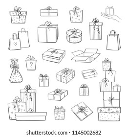 Vector collection of hand drawings of gift boxes and packages on a white background