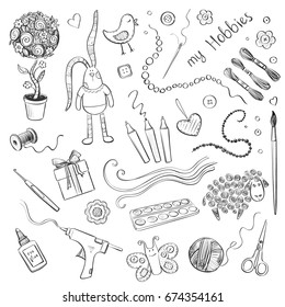 Vector collection hand drawings of hobbies, crafts. Tools and materials for needlework