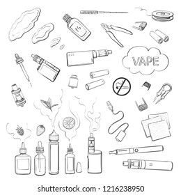 Vector collection of hand drawings vape. Electronic cigarettes and accessories to them on a white background