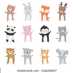 Vector collection of hand drawn animals. Valentine’s day, anniversary, baby shower, birthday, children's party, autumn holidays