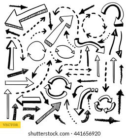 Vector collection of the hand drawn arrows. Set of the scribbled arrows.