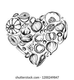 Vector collection of hand drawn autumn vegetables shape of heart