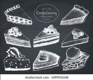 Vector collection of hand drawn baking illustrations. Chalkboard menu design for bakery, cafe or restaurant. Vintage cake, pie and tart sketch set.