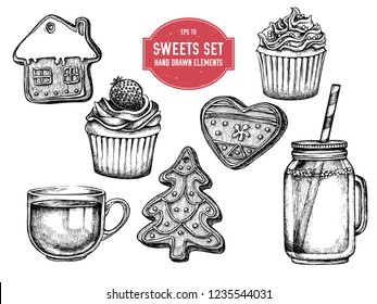 Vector collection of hand drawn black and white gingerbread, cupcakes, jars, tea cup