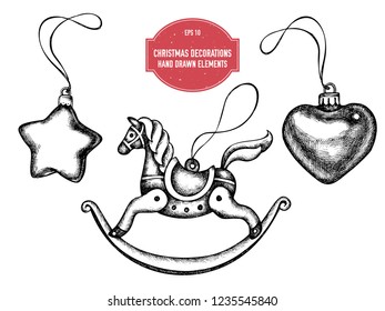Vector collection of hand drawn black and white decorations, toy horse