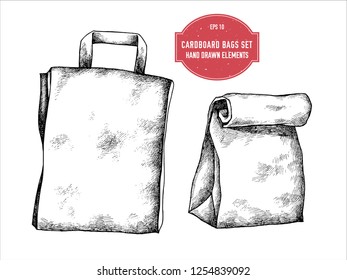 Vector collection of hand drawn black and white cardboard bags