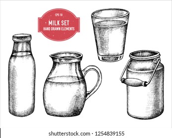 Vector collection of hand drawn black and white milk