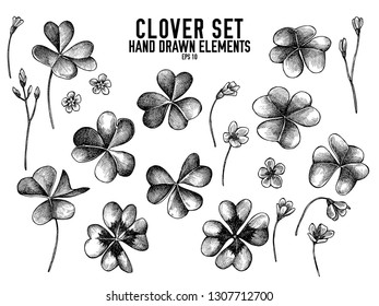 Vector collection of hand drawn black and white clover