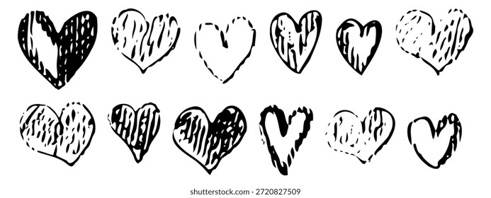 Vector collection of hand drawn black heart shapes. Minimal romantic doodle elements ideal for love designs, cards, posters, branding, tattoos, prints, and modern graphics. Valentines icons collection
