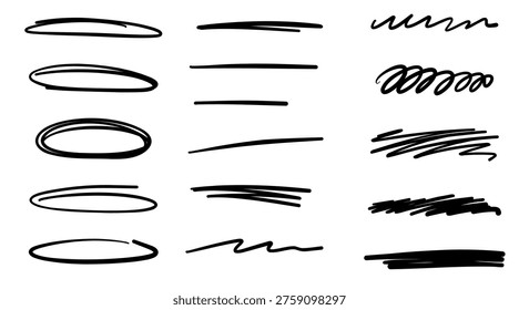 Vector collection of hand drawn black ink strokes, oval circles, and wavy underlines isolated on white. Minimalist pen scribbles and thick highlighter lines for emphasis and design.
