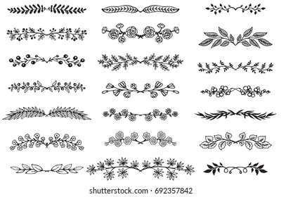 Vector collection of hand drawn borders in sketch style. Floral and abstract dividers for your design