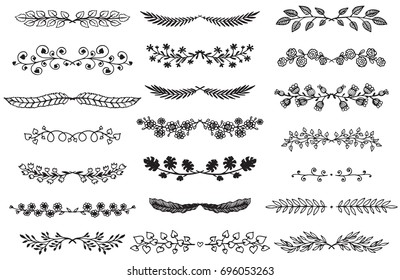 Vector collection of hand drawn borders in sketch style. Floral and abstract dividers for your design