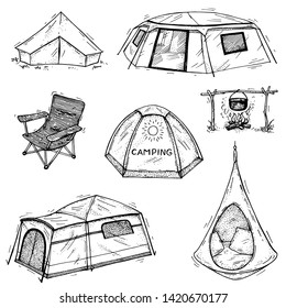 Vector collection of hand drawn camping tents. Outdoor recreation. Camping facilities