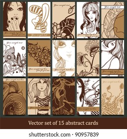 vector collection of hand drawn cards with fantasy flowers and  pretty girls