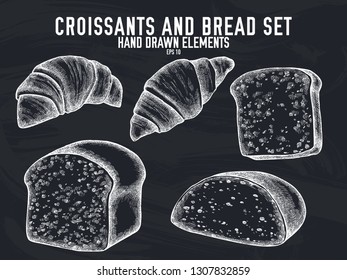 Vector collection of hand drawn chalk croissants and bread