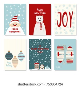 Vector Collection Hand Drawn Christmas And New Year greeting card set. Vintage design flyer with cute Santa Claus, Polar Bear, Holiday House, Christmas toys, Mittens and hand-drawn lettering.