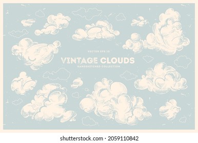 Vector collection of hand drawn clouds. Vintage sky, retro style illustration, cloudscape ink drawing. Nature background.