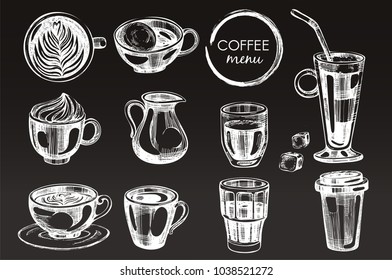 Vector collection with hand drawn coffee icons on the black background