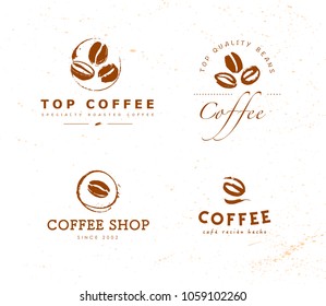 Vector collection of hand drawn coffee logo design elements isolated on textured background. Coffee shop craft emblem, company insignia template, banner, print, etc.