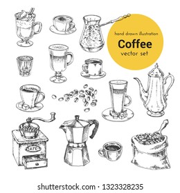 Vector collection of hand drawn coffee illustration. set for restaurant or cafe menu. Vintage coffee and pastry illustration