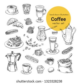 Vector collection of hand drawn coffee illustration. set for restaurant  and cafe menu. Vintage coffee and pastry illustration