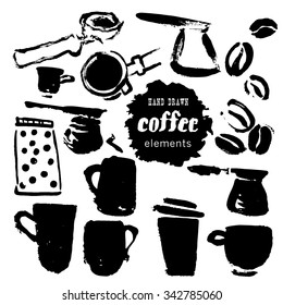 Vector collection of hand drawn coffee brand design elements. Coffee sketches isolated. Good for POS materials, packaging and any advertising design.