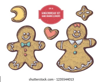 Vector collection of hand drawn colored  gingerbread, gingerbread men