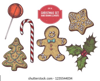 Vector collection of hand drawn colored  gingerbread men, gingerbread, lollipop, holly